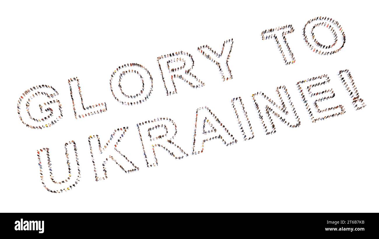 Konzeptionelle Gemeinschaft von Menschen, die DER UKRAINE RUHM verleihen! Nachricht. 3D Illustration Metapher für Patriotismus, Entschlossenheit, Motivation, Mut Stockfoto