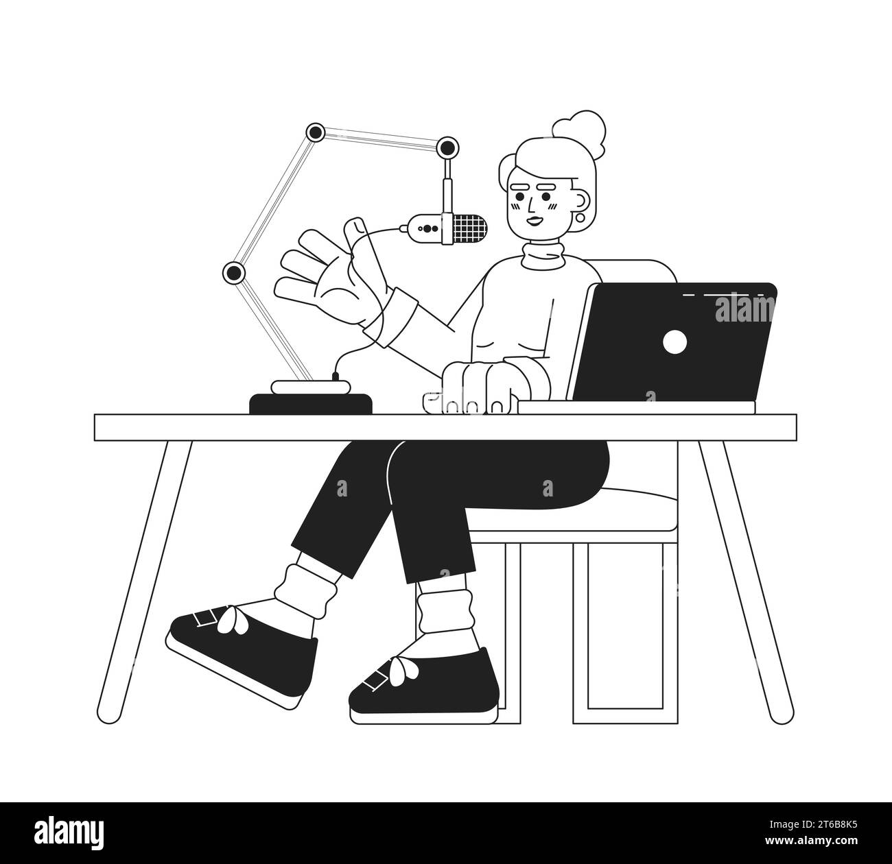 Europäische Frau spricht in Mikrofonständer Notebook-Schreibtisch schwarz-weiß 2D-Zeichentrickfigur Stock Vektor