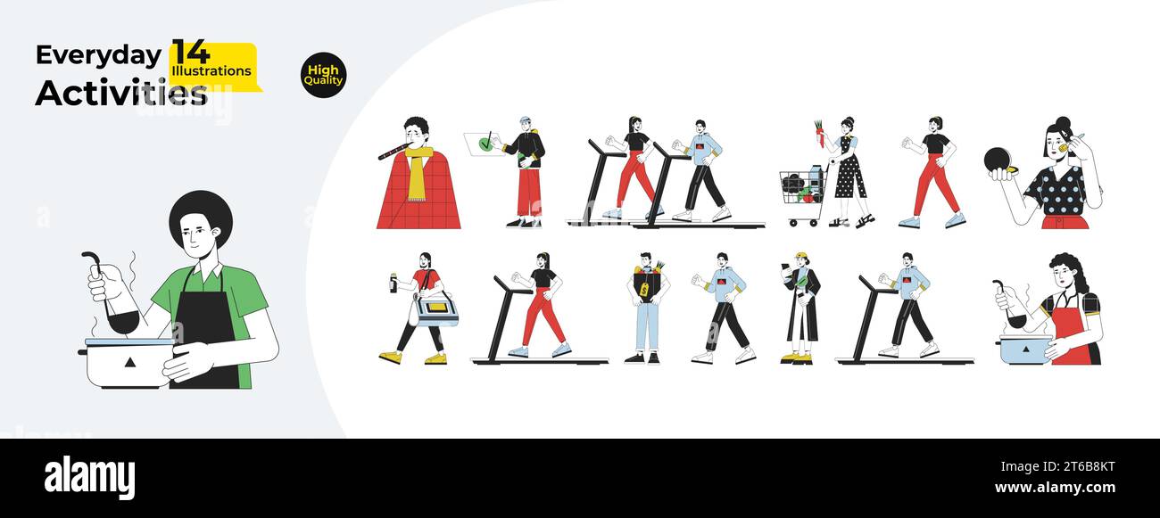 Daily Routine Line Cartoon Flat Illustrations Bundle Stock Vektor