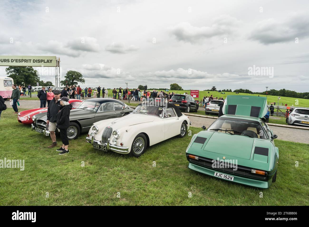 Tarporley, Cheshire, England, 30. Juli 2023. Grüner Ferrari 308 GTB und weißer Jaguar XK150 bei einem Oldtimer-Treffen. Stockfoto