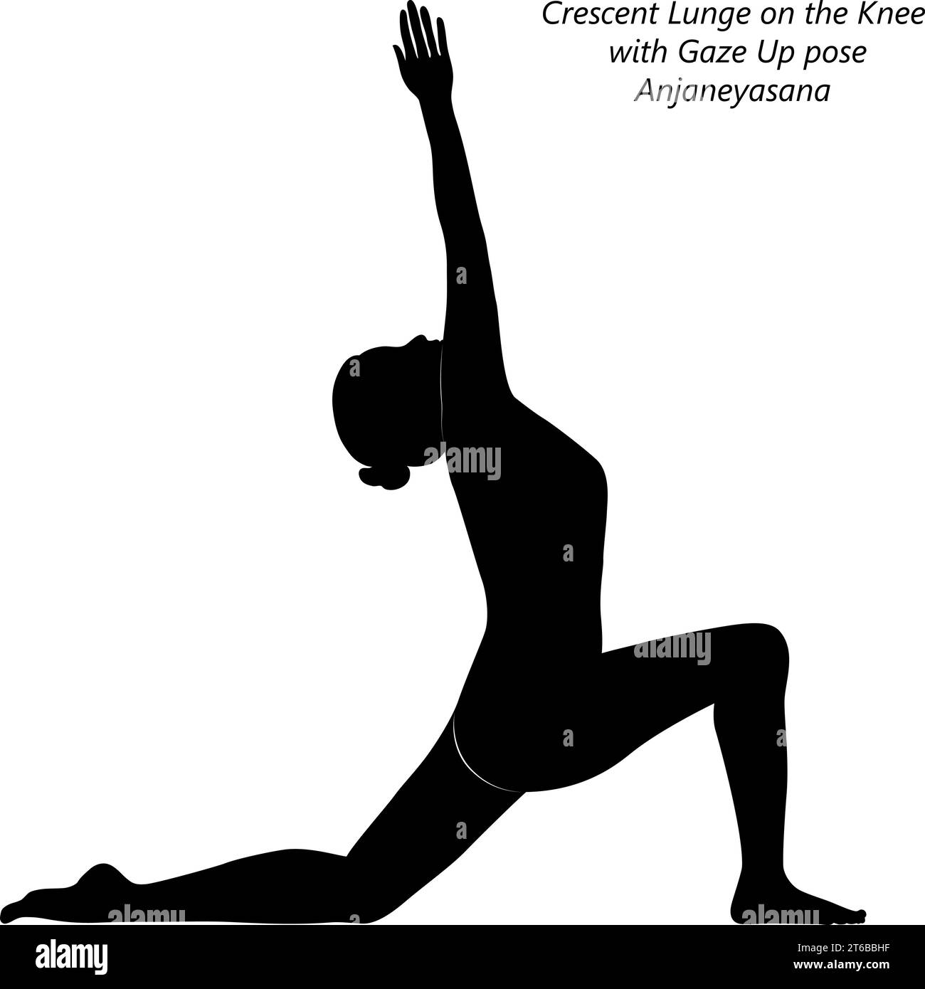 Silhouette einer Frau, die Yoga Anjaneyasana macht. Halbmond Ausfallschritt auf dem Knie mit Blickposition nach oben. Isolierte Vektordarstellung. Stock Vektor