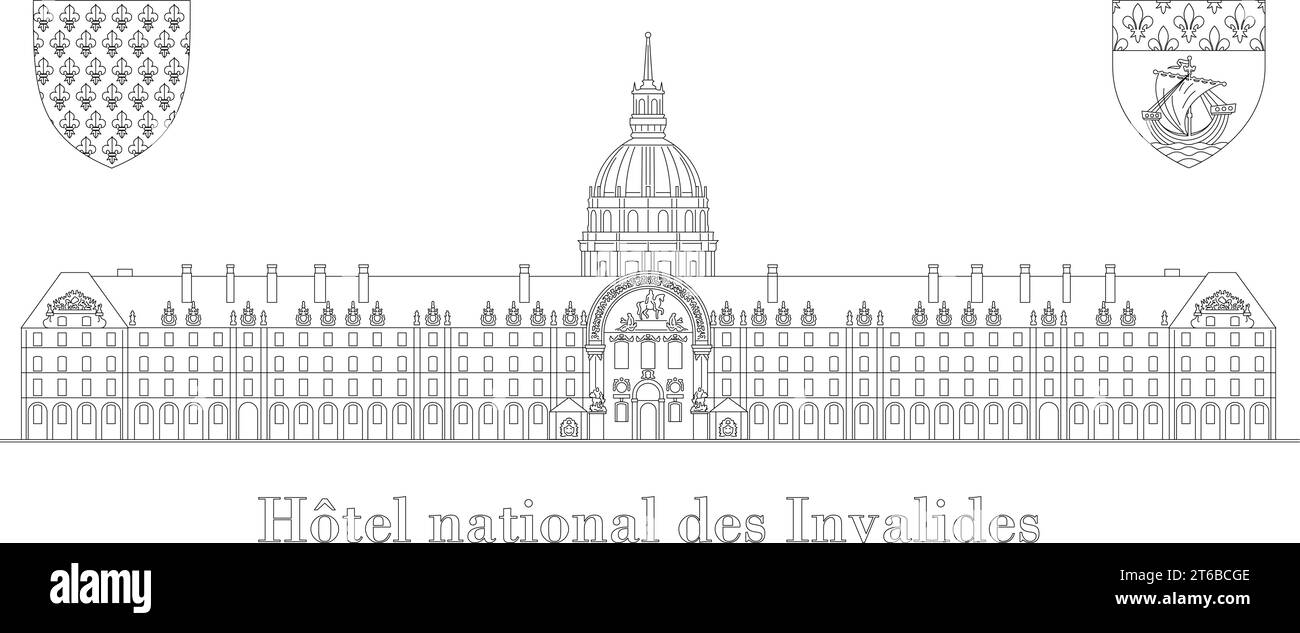 Hotel des invalides, Vektorzeichnung, Silhouette, Touristenort in Paris, Frankreich, schwarze Linie Vektorillustration auf weißem Hintergrund Stock Vektor