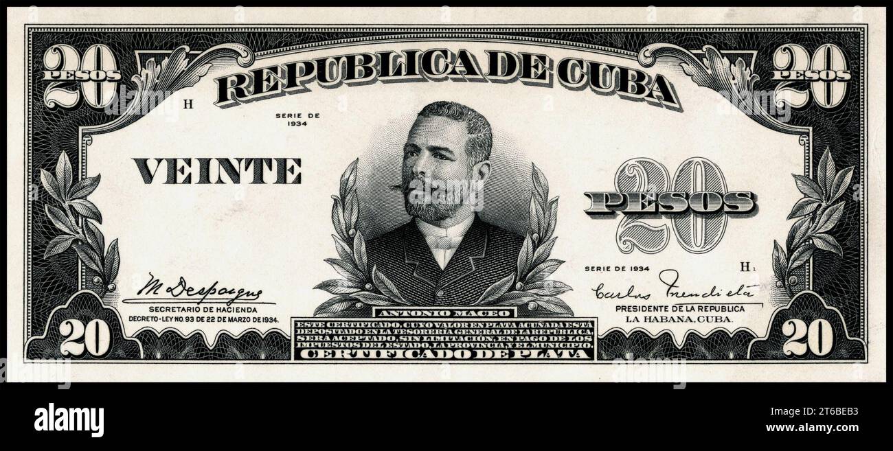 US-BEP-República de Cuba (zertifizierter Nachweis) 20 SilberPesos, 1934 (CUB-72a) Stockfoto
