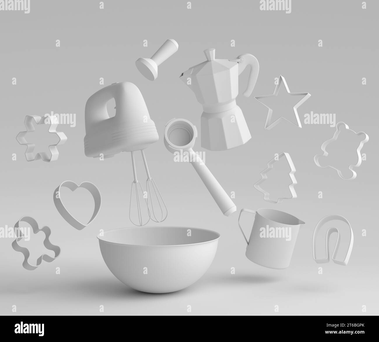 Metallschüssel mit elektrischem Mixer und Keksschneider auf monochromem Hintergrund Stockfoto