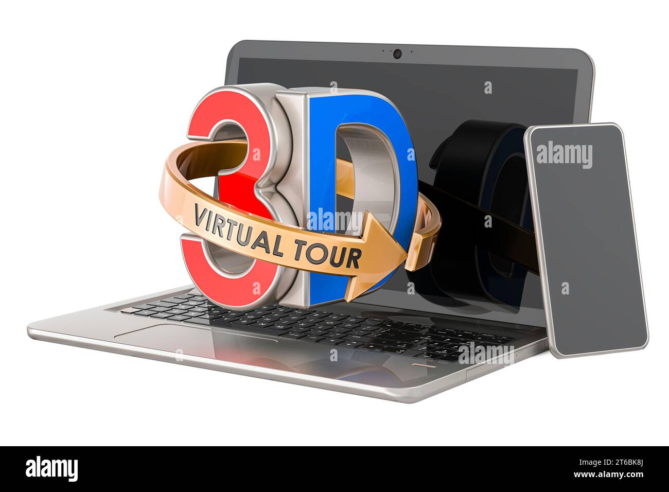 Virtual Tour 3D, Konzept mit Laptop und Mobiltelefon. 3D-Rendering isoliert auf weißem Hintergrund Stockfoto