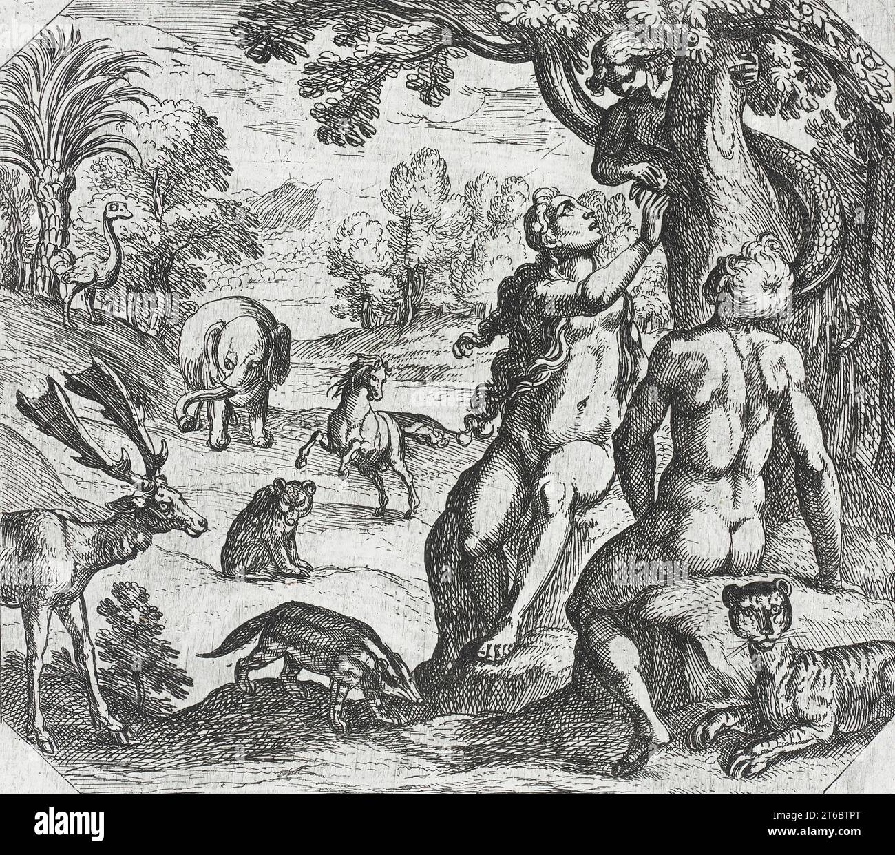 Die Versuchung von Eva, 16. Jahrhundert. Von der Erschaffung der Welt. Stockfoto