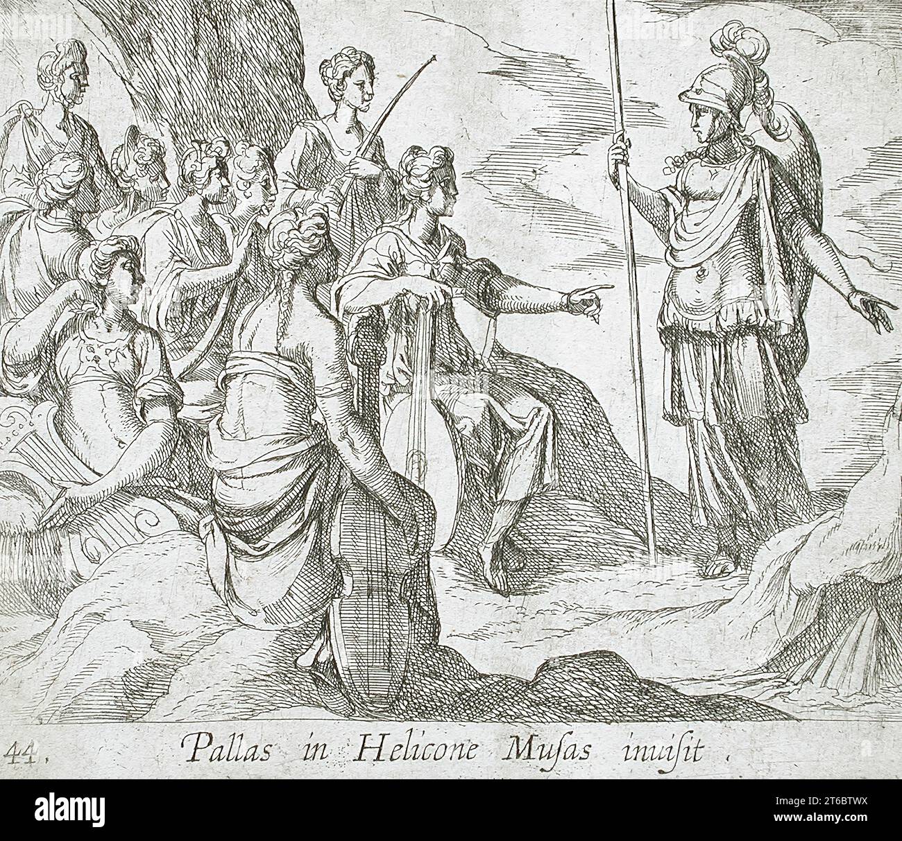 Athena mit den Musen, veröffentlicht 1606. Aus den Metamorphosen von Ovid, pl. 44. Stockfoto