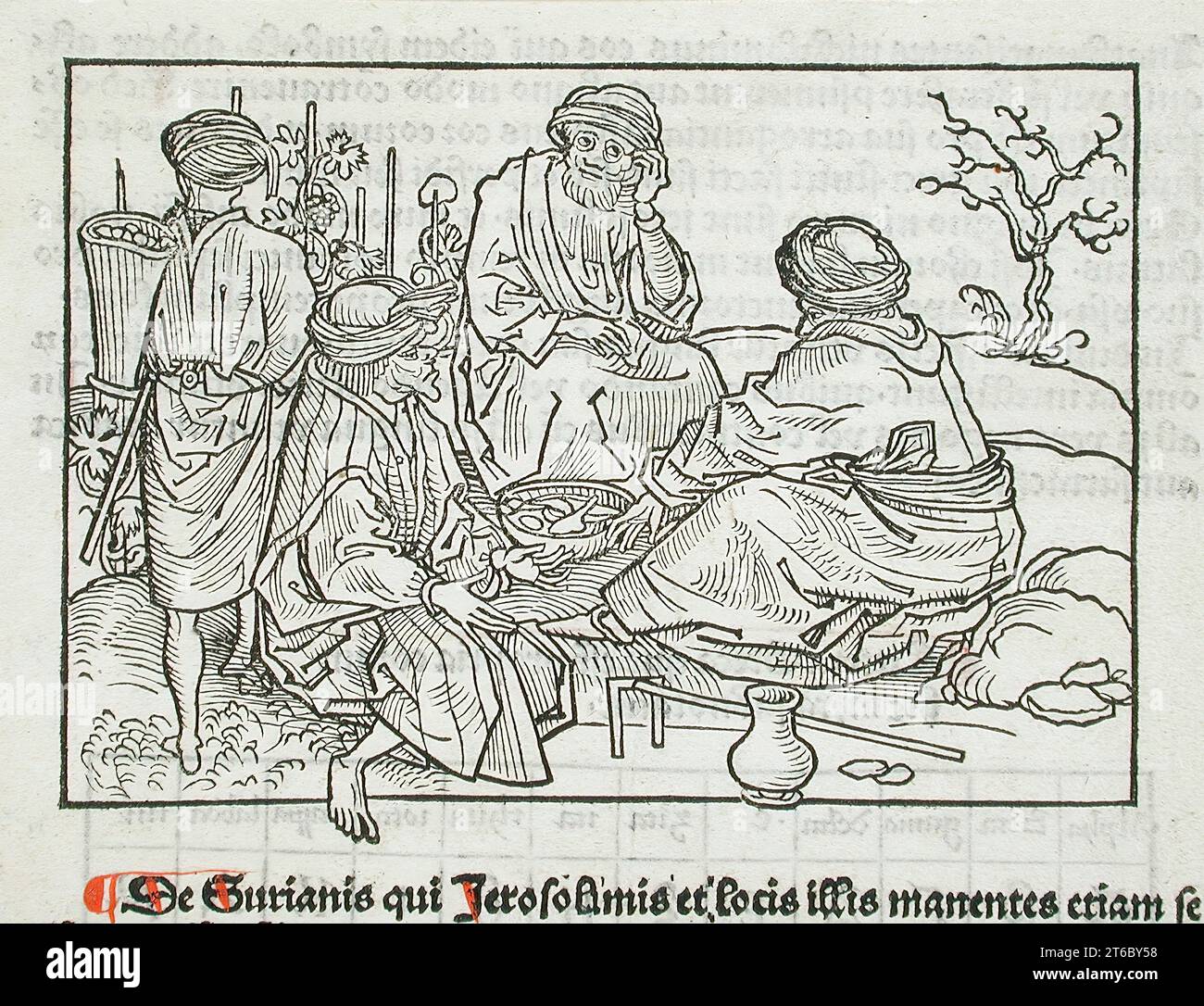 Syrische Weinbauarbeiter, die für eine Mahlzeit pausieren (Recto); Text mit Tisch (verso), veröffentlicht 1486. Von Sanctae Peregrinationes bei Breydenbach (Mainz, 1486). Stockfoto