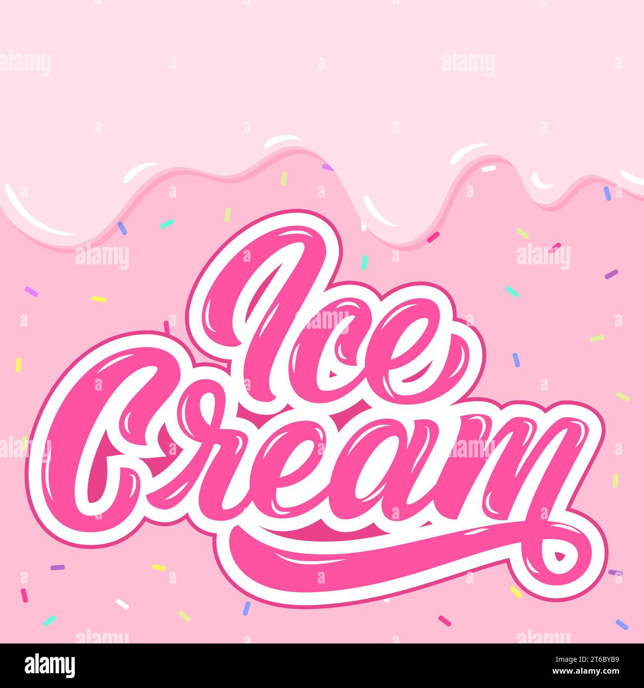 Eiscreme-Handbeschriftung, benutzerdefinierte Typografie, Zeichentrickbuchstaben auf rosa flüssigem Hintergrund. Abbildung des Vektortyps Stock Vektor