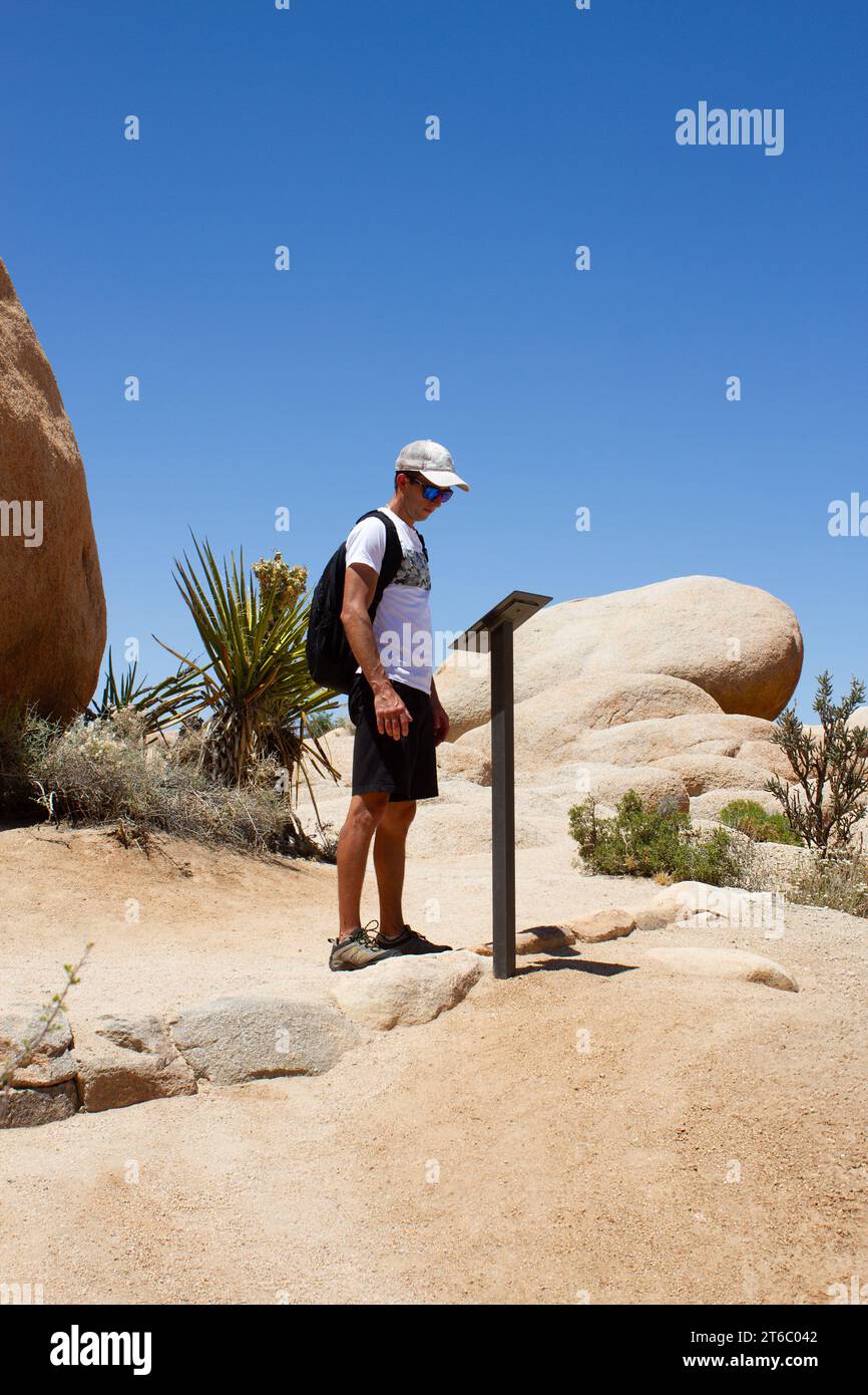 Der Mann liest Informationen auf dem Trailständer. Neugier, Reisen, Abenteuer. Arch Rock, Joshua Tree National Park, CA, USA Stockfoto