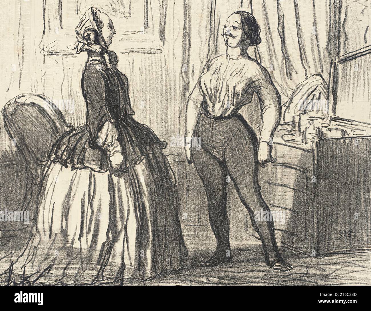 Voyons...ai-je l'Air assez homme comme ça?, 1856. Frau, die sich kreuzt, um an der Börse teilnehmen zu können. „Mal sehen... sehe ich so männlich genug aus?“ Von Les Boursicotières. Stockfoto