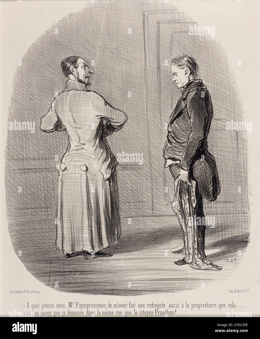 Ein zitiertes Pensez vous, Mr. Piquepruneman, 1849. 'A quoi pensez vous, Mr. Piquepruneman, de m'avoir fait une redingote aussi &#xe0; la propri&#xe9;taire que cela...vous qui savez que je demeure dans la m&#xea;me rue que le citoyen Proudhon!'. Kunde: „Was haben Sie sich gedacht, Mr. Piquepruneman, mir und dem Besitzer einen Gehrock wie diesen gemacht zu haben... wenn Sie wissen, dass ich in derselben Straße wie Citizen Proudhon wohne!“. Von Tout ce qu'on voudra, nein 61. Stockfoto