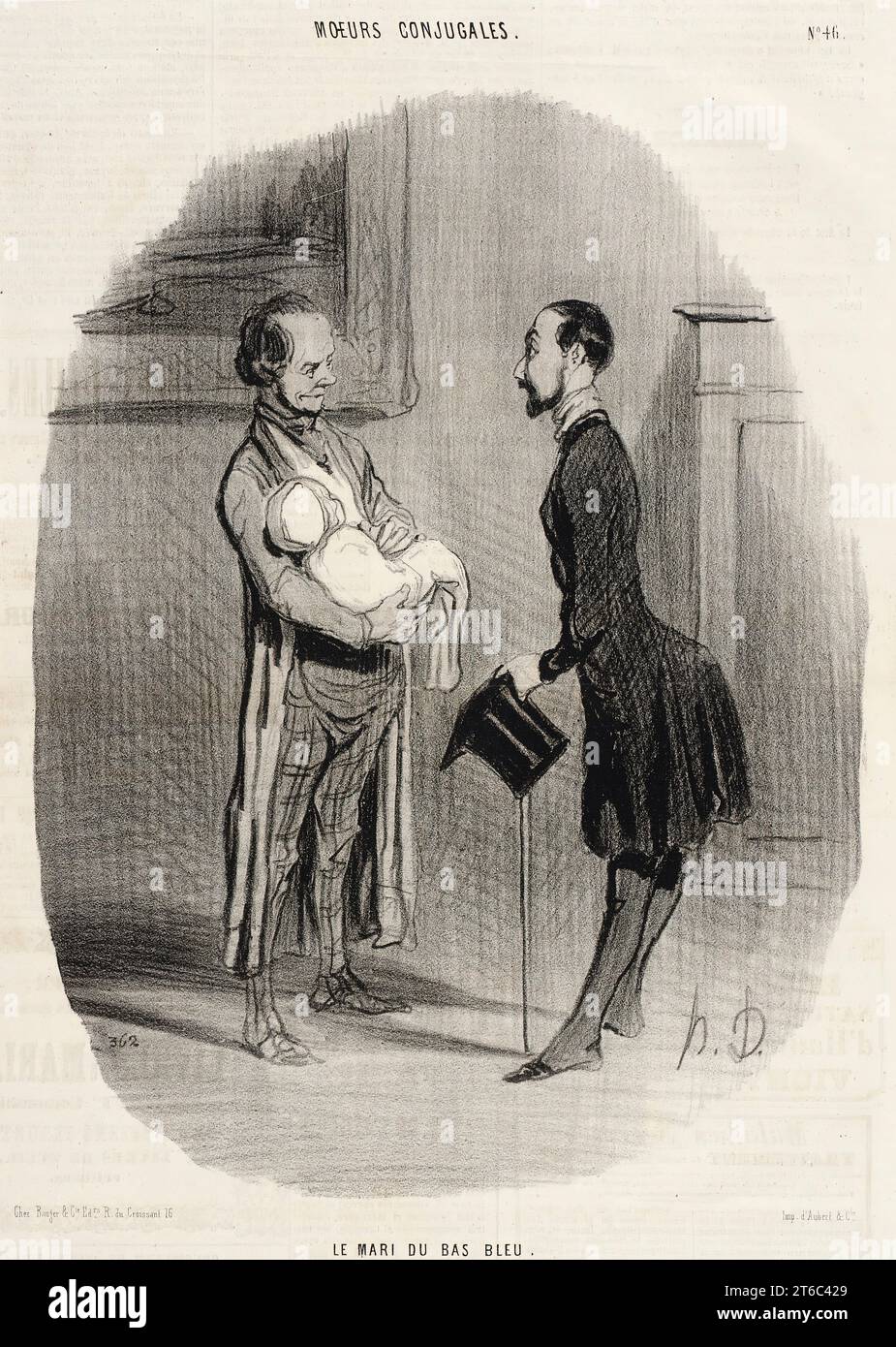 Le Mari du Bas-Bleu, 1842. „Monsieur, mA femme EST inspir&#xe9;e depuis ce matin: Impossible de la voir, je suis comme vous voyez oblig&#xe9; de prodiguer mes soins au dernier ouvrage, que nous avons fait en Collaboration!“. Ehemann der Schriftstellerin: "Monsieur, meine Frau wurde seit heute Morgen inspiriert: Es ist unmöglich, sie zu sehen, ich bin, wie Sie sehen, verpflichtet, meine Aufmerksamkeit auf das neueste Werk zu verschwenden, das wir in Zusammenarbeit produziert haben!" Aus Moeurs conjugales, 46. Stockfoto