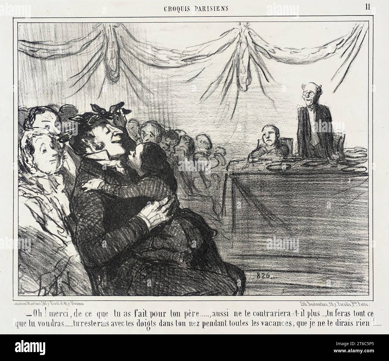 Oh! merci, de ce que tu as fait pour Tonne p&#xe8;re..., 1856. - „Oh! merci, de ce que re...aussi tout ce que tu voudras...tout ce que tu voudras...tout doigts dans ton nez Pendelleuchte toutes les vacances, que je ne te dirais rien!...“. Mann (der gerade einen Preis erhielt, der durch seinen Lorbeerkranz gekennzeichnet ist) an seine Tochter: 'Oh! Danke, für das, was du für deinen Vater getan hast... er wird dir nichts mehr sagen... du kannst tun, was du willst... du kannst dir in den Ferien die Nase pflücken, und ich werde nichts sagen! Von Croquis Parisiens. Stockfoto