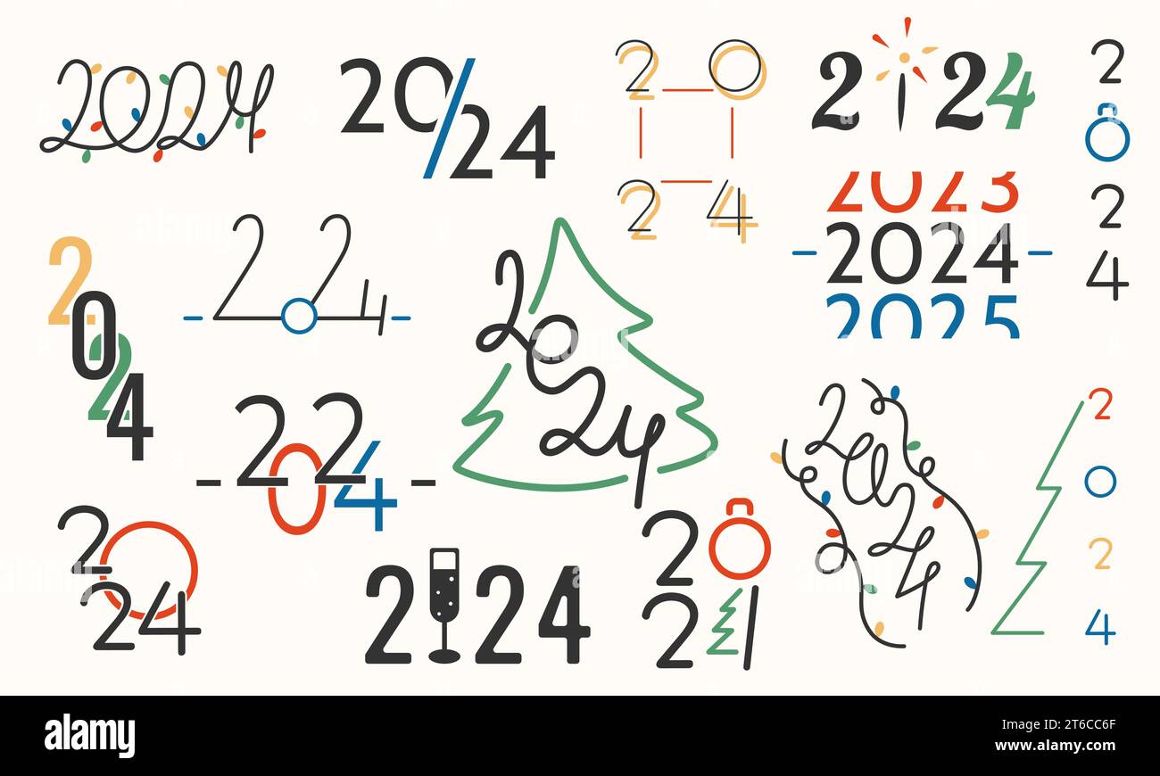 Schriftdesign des Silvester-Logos 2024. Set mit 2024-Nummern 