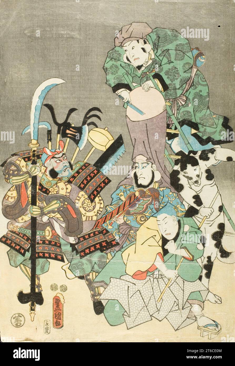 Schauspieler als Otsu-e Figuren Fukurokuju und Benkei, um 1850. Stockfoto