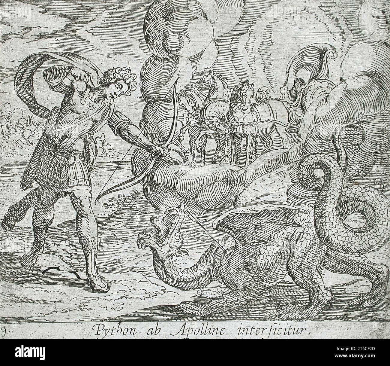 Apollo Killing Python, veröffentlicht 1606. Aus den Metamorphosen von Ovid, pl. 9. Stockfoto