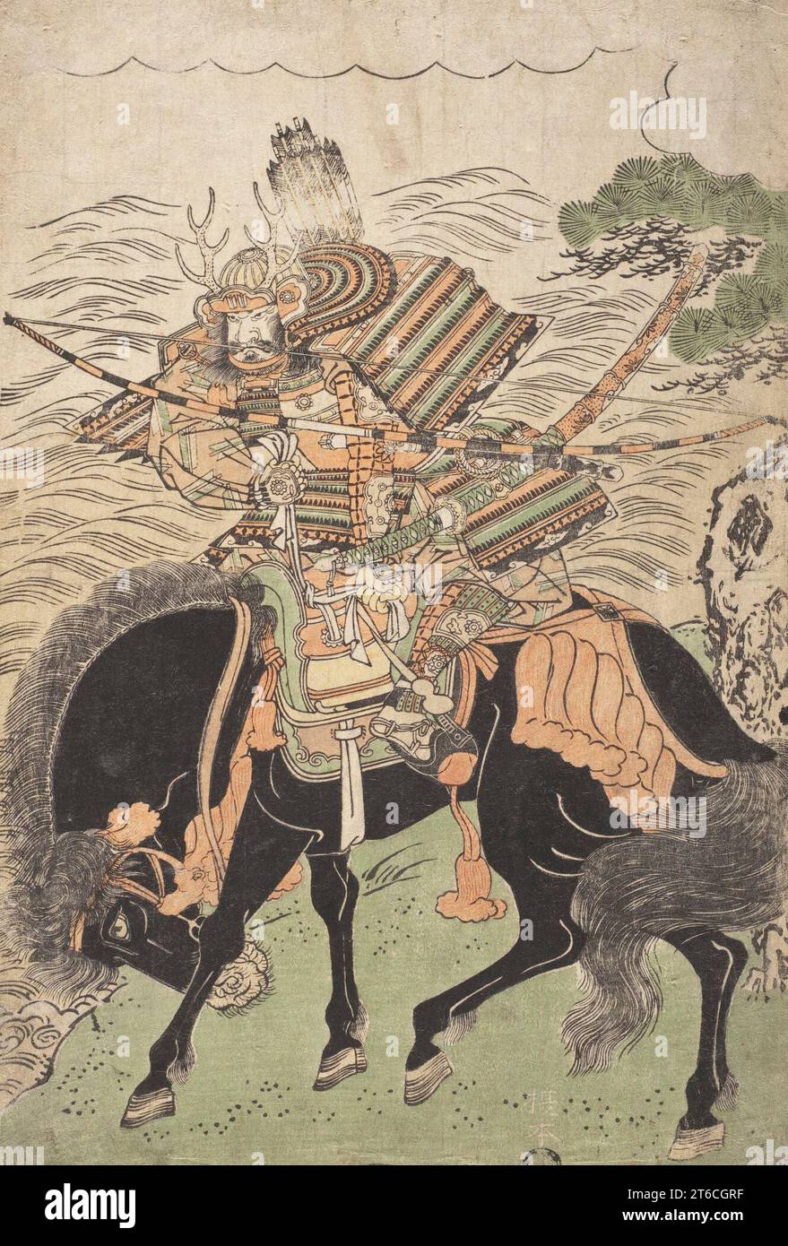 Krieger auf einem Schwarzen Pferd (Bild 1 von 2), c1780s. Wird Kitao Shigemasa zugeschrieben. Stockfoto