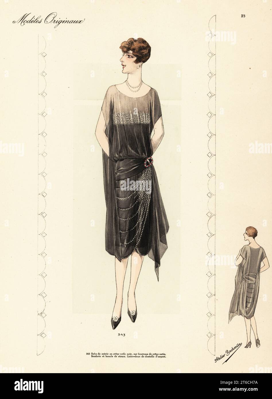 Abendkleid aus schwarzem Krepp-Voile auf schwarzem Krepp-Satin. Robe de soiree en crepe voile noir, sur fourreau de crepe Satin. Handkolorierte Lithographie aus Beaux-Arts des Modes: Modelles originaux, Hiver 1928 (Moden der bildenden Künste: Originalmodelle, Winter 1928), Verlag Chic Parisien, Atelier Bachwitz, Paris, Band 6, Nummer VII, November 1927. Stockfoto