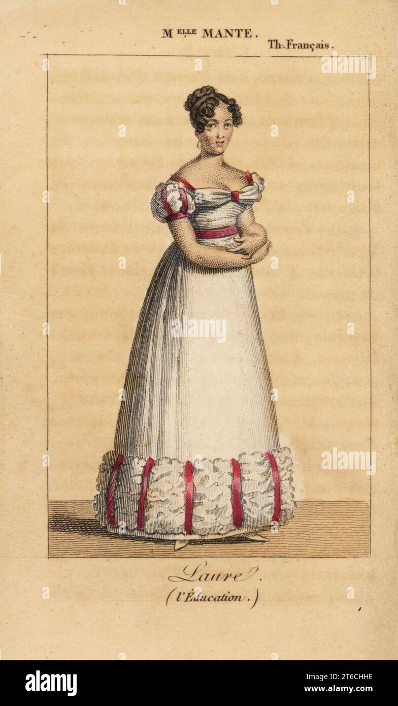 Die französische Schauspielerin Louise-Charlotte-Theophile-Delphine Escoffie oder Mlle Mante als Laure in dem Stück LEducation ou les Deux Cousines von Casimir Bonjour am Theater Francais. Handkolorierter Kupferstich aus Charles Malos Almanach des Spectacles par K.Y.Z, Chez Janet, Paris, 1823. Stockfoto
