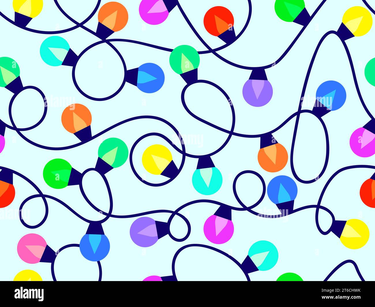 Nahtloses Muster der Weihnachtsgirlande. Mehrfarbige Weihnachtslichter. LED-Weihnachtsbaumbeleuchtung. Festliches Design für Plakate, Banner und Werbung Stock Vektor