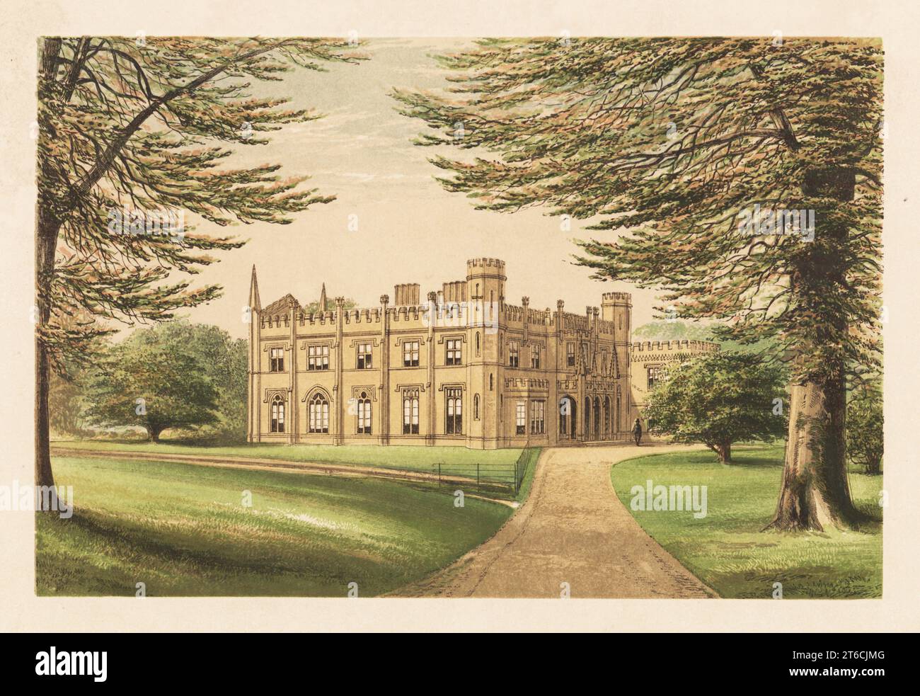 Thrybergh Park, Yorkshire, England. Landhaus, erbaut vor 1831 von John Webb für Colonel John Fullerton. Ein Sandsteingebäude im Tudor-Stil mit Details aus dem gotischen Revival wie umkämpften Türmen und Brüstungen Farbholzblock von Benjamin Fawcett im Baxter-Prozess einer Illustration von Alexander Francis Lydon von Reverend Francis Orpen Morriss Eine Reihe malerischer Ausblicke auf die Sitze von Adligen und Gentlemen von Großbritannien und Irland, William Mackenzie, London, 1880. Stockfoto