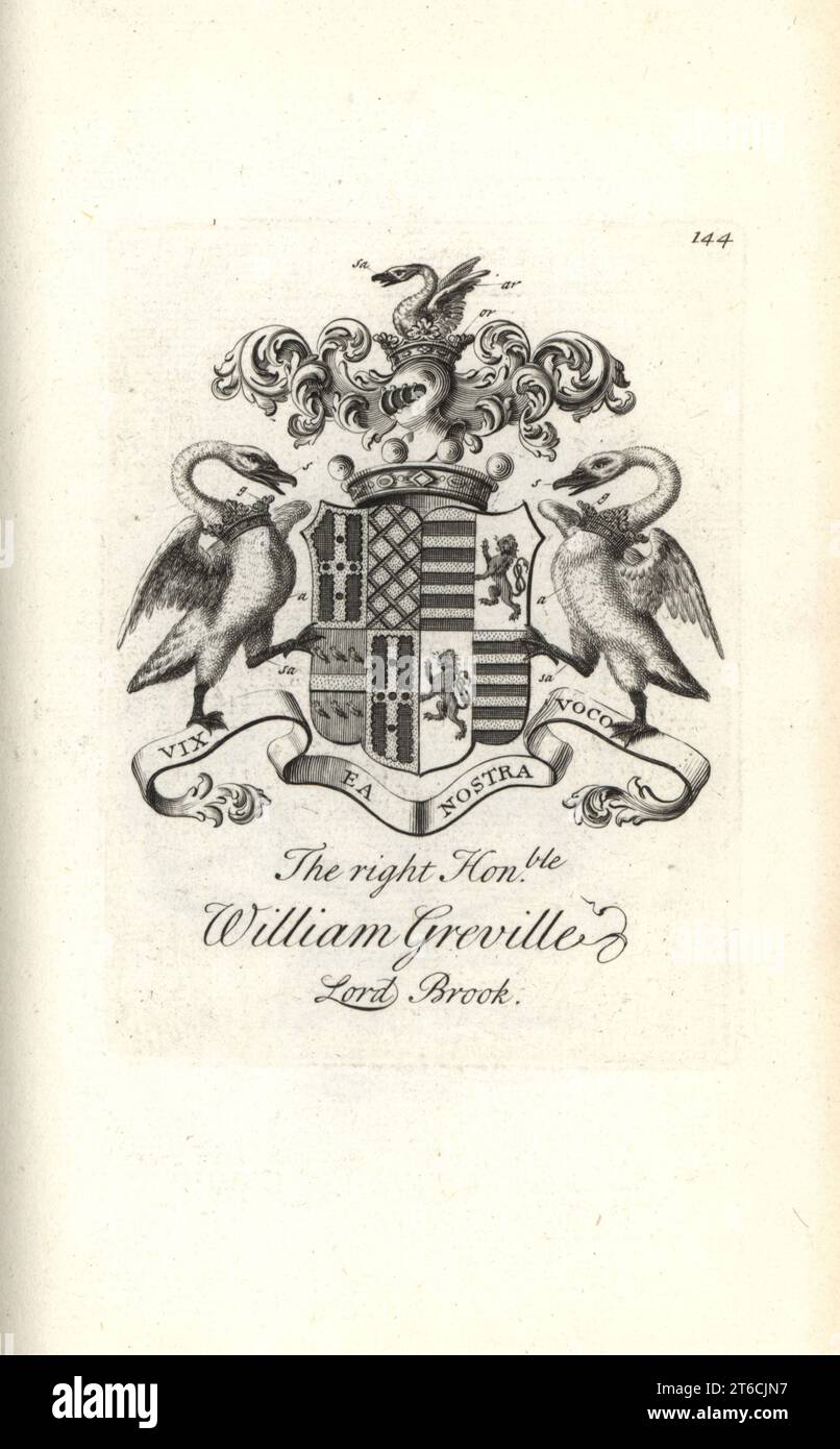 Wappen und Wappen des rechten ehrenwerten William Greville, 7th Baron Brooke, 1695-1727. Kupferstich von Andrew Johnston nach C. Gardiner aus der Notitia Anglicana, Die Ihre Leistungen des gesamten englischen Adels Andrew Johnson, The Strand, London, 1724 Ablegte. Stockfoto