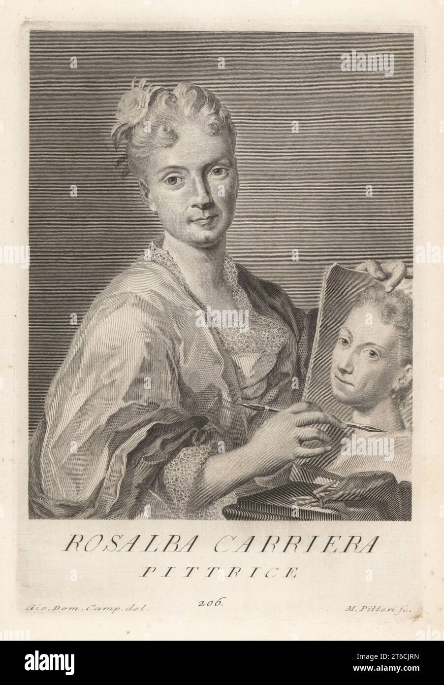 Rosalba Carriera, venezianischer Rokoko-Maler von Porträt-Miniaturen und Pastellporträts, 1673-1757. Mit einem doppelseitigen Kreidehalter und Selbstporträt in Pastelltönen. Pittrice. Copperplate-Gravur von Pietro Antonio Pazzi nach Giovanni Domenico Campiglia nach einem Selbstportrait des Künstlers aus Francesco Moucke's Museo Florentino (Museum Florentinum), Serie di Ritratti de Pittori (Serie von Maler-Porträts) stamperia Mouckiana, Florenz, 1752-62. Stockfoto