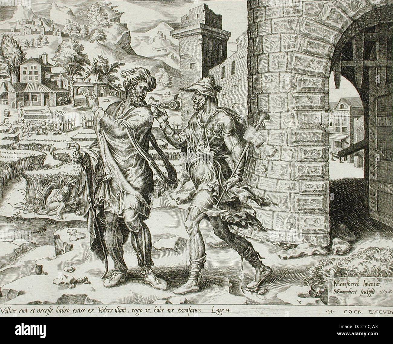 Der erste Ausspruch: Der Mann, der ein Stück Land gekauft hat, 1559. Serie: Gleichnis vom König, der eine Hochzeit vorbereitet hat, pl. 2. Stockfoto