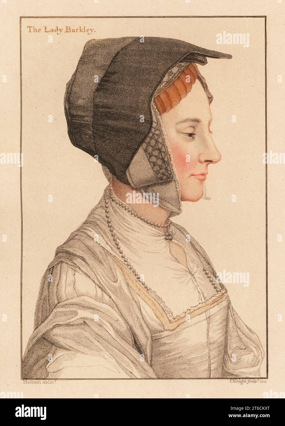 Anne Savage (ca. 1496 1564), zweite Ehefrau von Thomas Lord Berkeley. Lady wartet auf Königin Anne Boleyn. Die Lady Barkley. Handkolorierter Kupferstich von Charles Knight nach einem Porträt von Hans Holbein dem Jüngeren aus Imitationen von Originalzeichnungen von Hans Holbein, John Chamberlaine, London, 1812. Stockfoto