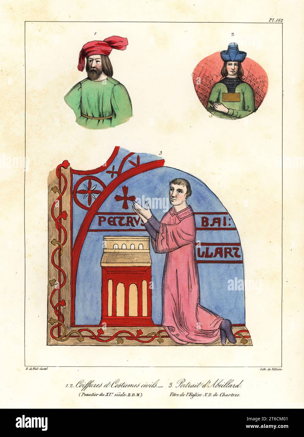 Männerkostüme und Hüte aus einem Psalter aus dem 11. Jahrhundert. Porträt von Peter Abelard, französischer Philosoph, Theologe und Logiker, um 1079-1142. Sie knien im Gebet von einem Buntglasfenster in Notre Dame de Chartres. Coiffures et costumes civils (Psautier du Xie siecle BDM), Portrait dAbeillard (Vitre de leglise ND de Chartres). Handkolorierte Lithografie von Bösewicht nach einer Illustration von Horace de vier-Castel aus seiner Sammlung des Kostüms, Armes et meubles pour servir à l'histoire de la France (Sammlung von Kostümen, Waffen und Möbeln für die Geschichte Frankreichs), Treuttel & Stockfoto