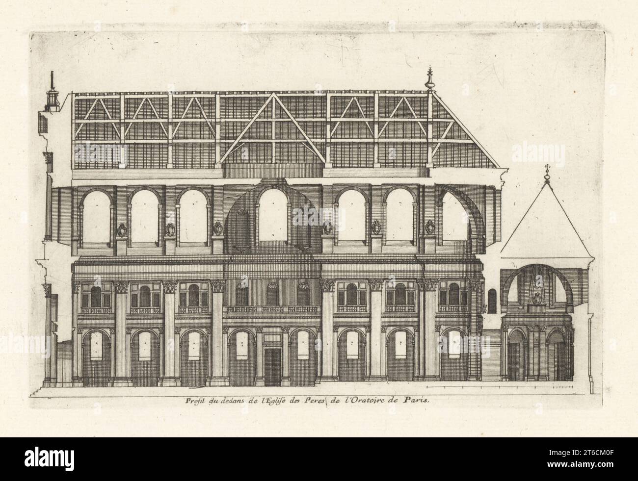 Teil des Inneren der Kirche des Louvre, wie ursprünglich von den Architekten Clement Metezeau und Jacques Lemercier im 17. Jahrhundert entworfen. Nie fertig gestellt und später wieder aufgebaut. Profil du dedans de l'Eglise des Peres de l'Oratoire de Paris. Gravur aus Kupferplatten, gezeichnet und graviert von Jean Marot aus seinen Recueil des Plans, Profils et Elevations de plusieurs Palais, Chasteaux, Eglises, Sepultures, Grotes et Hotels, Sammlung von Plänen, Profilen und Höhen von Palästen, Schlössern, Kirchen, Gräbern, Grotten und Hotels, chez Mariette, Paris, 1655. Stockfoto