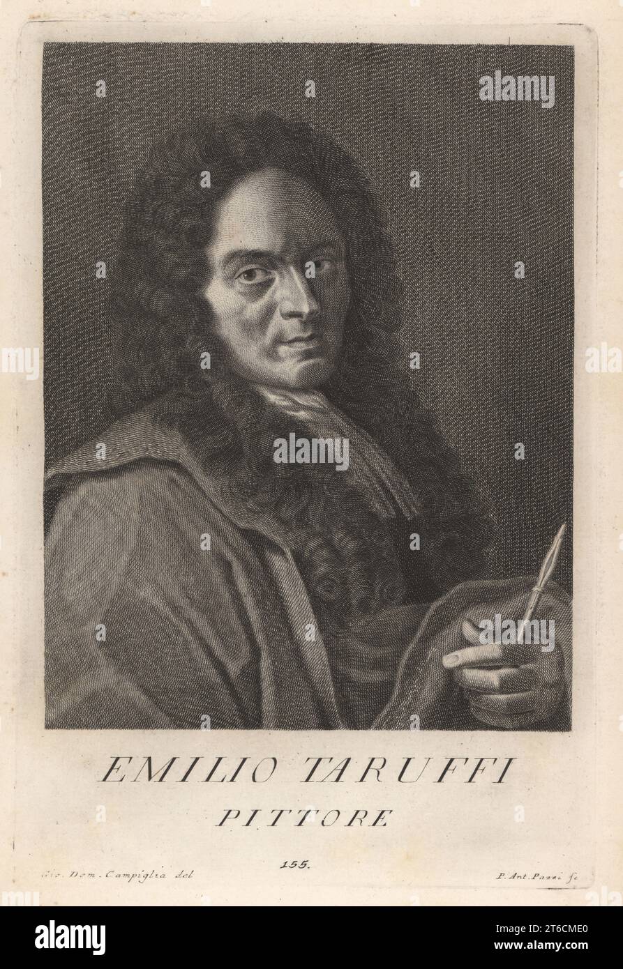 Emilio Taruffi, italienischer Maler der Barockzeit, geboren 1633 in Bologna, arbeitete in Rom mit Carlo Cignani, ermordet 1696. Pittore. Copperplate-Gravur von Pietro Antonio Pazzi nach Giovanni Domenico Campiglia nach einem Selbstportrait des Künstlers aus Francesco Moucke's Museo Florentino (Museum Florentinum), Serie di Ritratti de Pittori (Serie von Maler-Porträts) stamperia Mouckiana, Florenz, 1752-62. Stockfoto