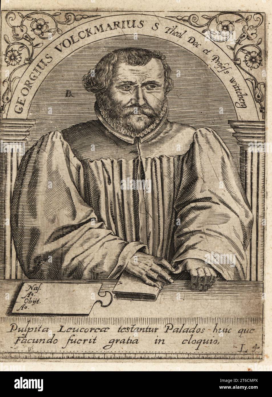 Johann Georg Volkmar, 1567-1596, deutscher lutherischer Theologe. Georgius Volckmarius Theologus Doc. Et Professor Wittenberg. Kupferstich von Johann Theodore de Bry aus Jean-Jacques Boissards Bibliotheca Chalcographica, Johann Ammonius, Frankfurt, 1650. Stockfoto