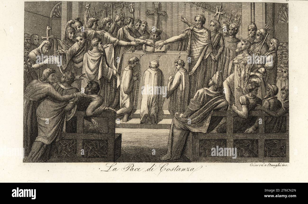 Der Frieden von Konstanz, 1183. Friedrich I., Kaiser des Heiligen Römischen Reiches, und sein Sohn Heinrich VI., König der Römer, gewähren den Mitgliedern des Lombardenbundes Frieden. La Pace di Costanza. Handkolorierter Kupferstich von Giarre und Stanghi nach einem Entwurf von Giuseppe Bossi von Giulio Ferrarios Kostüme Alte und Moderne der Völker der Welt, Il Kostüm Antico e Moderno, Florenz, 1845. Stockfoto