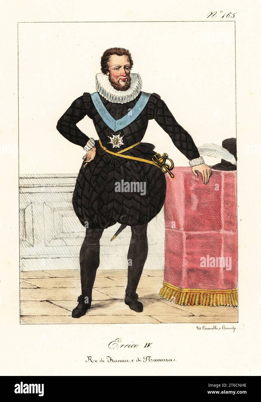 Kostüm des Königs Heinrich IV. Von Frankreich (1553-1610). König Heinrich oder Heinrich der große, König von Navarra von 1572 und König von Frankreich von 1589 bis 1610. Mit Kragen, Watte, Reithose und Schlauch, mit Hofschwert. Heinrich IV., ROI de France et de Navarra. Handkolorierte Lithographie von Lorenzo Bianchi und Domenico Cuciniello nach Hippolyte Lecomte aus Costumi civili e militari della monarchia francese dal 1200 al 1820, Neapel, 1825. Italienische Ausgabe der Lecomtes Zivil- und Militärkostüme der französischen Monarchie von 1200 bis 1820. Stockfoto