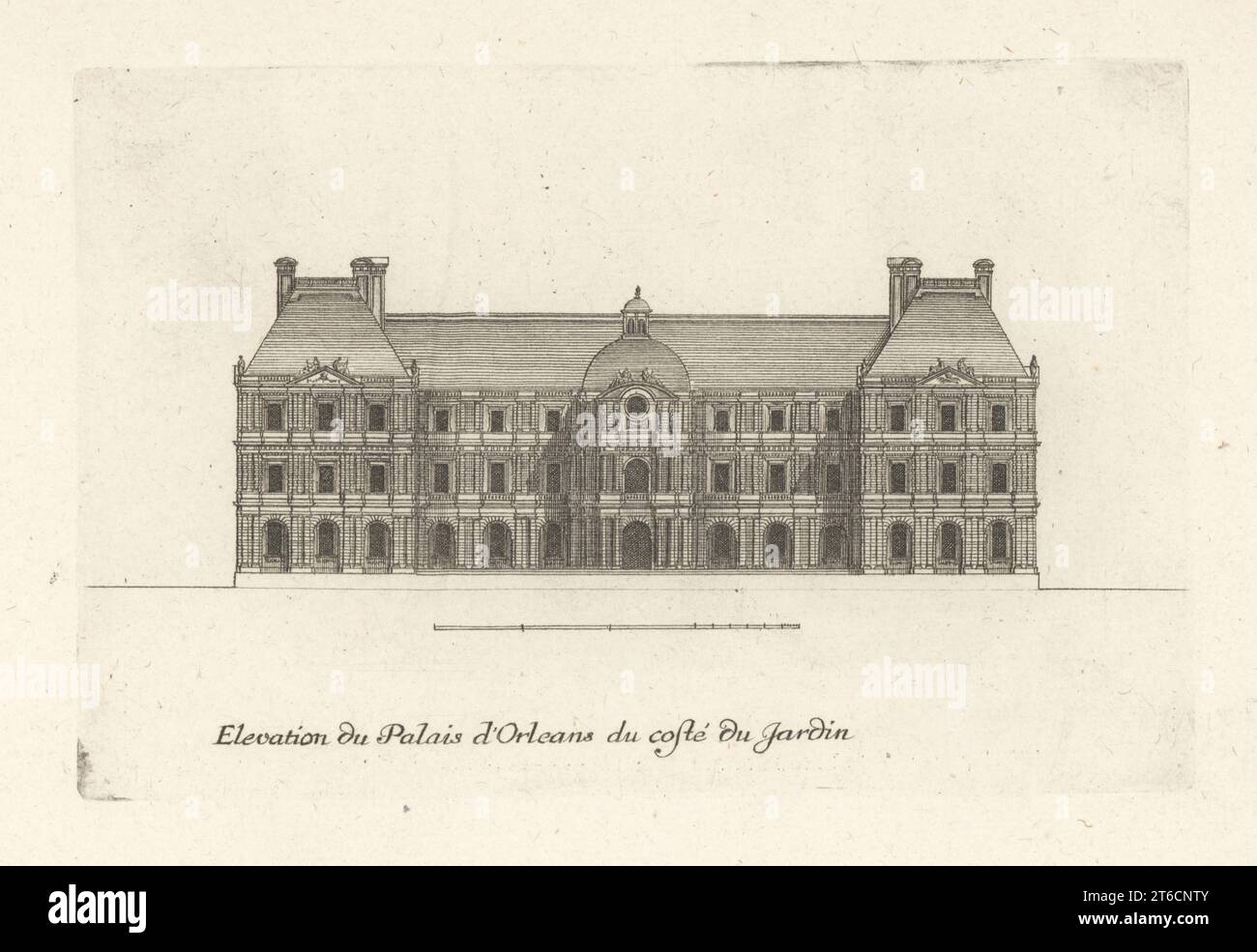 Die Gartenseite des Palastes Luxemburg (Palais du Luxembourg) wurde nach den Entwürfen des französischen Architekten Salomon de Brosse für Marie de' Medici erbaut. Elevation du Palais d'Orleans du cote du jardin. Gravur aus Kupferplatten, gezeichnet und graviert von Jean Marot aus seinen Recueil des Plans, Profils et Elevations de Plusieurs Palais, Chasteaux, Eglises, Sepulturen, Grotes et Hotels, Sammlung von Plänen, Profilen und Höhen von Palästen, Schlössern, Kirchen, Gräbern, Grotten und Hotels, chez Mariette, Paris, 1655. Stockfoto