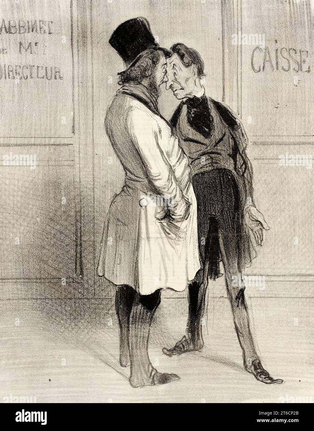 (Robert) H&#xe9; bien! mon cher Directeur.., 1841. (Robert) 'H&#xe9; bien! mon cher Directeur, Ton Affaire marche-t-elle?" (Bertrand) „Oh! tr&#xe8;s bien, tr&#xe8;s bien je suis tr&#xe8;s content...seulement, nous n'avons plus le sou, nous ne pouvons plus Marcher'. - „Diable!!“ - "Mais un capitaliste doit nous verser 200.000 Francs, l'acte va se signer ce soir ou demain...je suis tr&#xe8;s ungeduldig, j'ai le plus Grand Besoin d'une paire de bottes". Robert Macaire: „Na Ja! Mein lieber Direktor, wie läuft Ihr Geschäft?“ Bertrand: "Oh! Sehr gut, sehr gut, ich bin sehr glücklich... nur, wir haben es nicht mehr Stockfoto