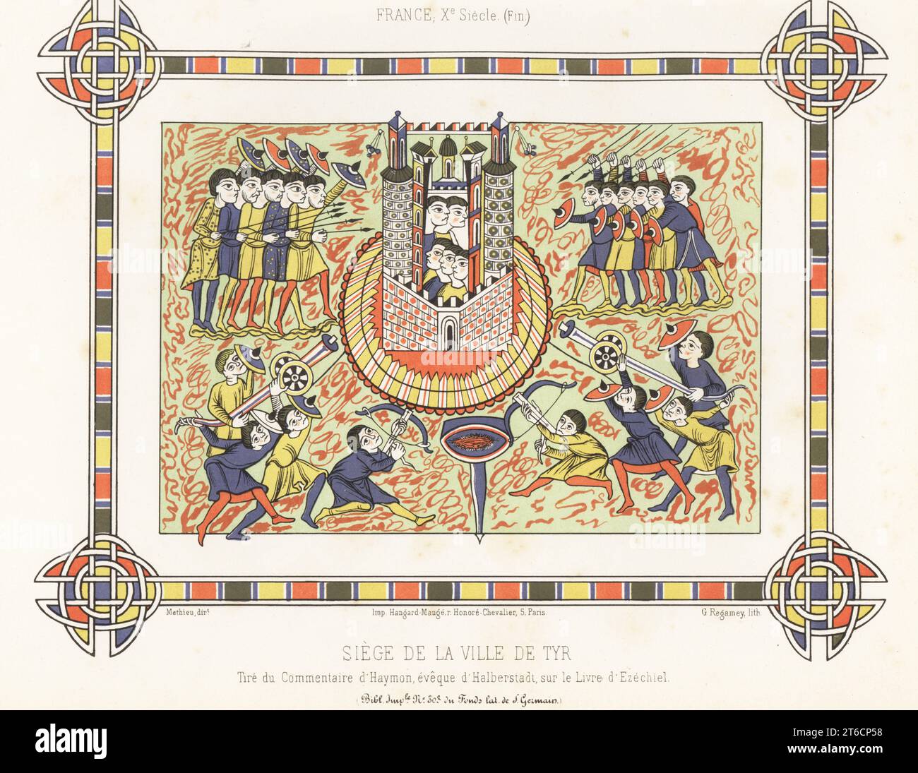 König Nebukadnezar II. Der neo-babylonischen Armee belagerte Tyrus, 586–573 v. Chr. Soldaten in Tuniken mit Targes und Schildbossen greifen eine Festung mit Rammbögen, Armbrüsten und Lanzen an. Belagerung de la ville de Tyr, Frankreich, XE Siecle. Aus Commentaire sur Ezechiel, lateinisch 12302 F1r, (MS 303), 10. Jahrhundert. Chromolithographie von Guillaume Regamey nach einer Illustration von Mathieu aus Charles Louandres Les Arts Somptuaires, The Sumptuary Arts, Hangard-Mauge, Paris, 1858. Stockfoto