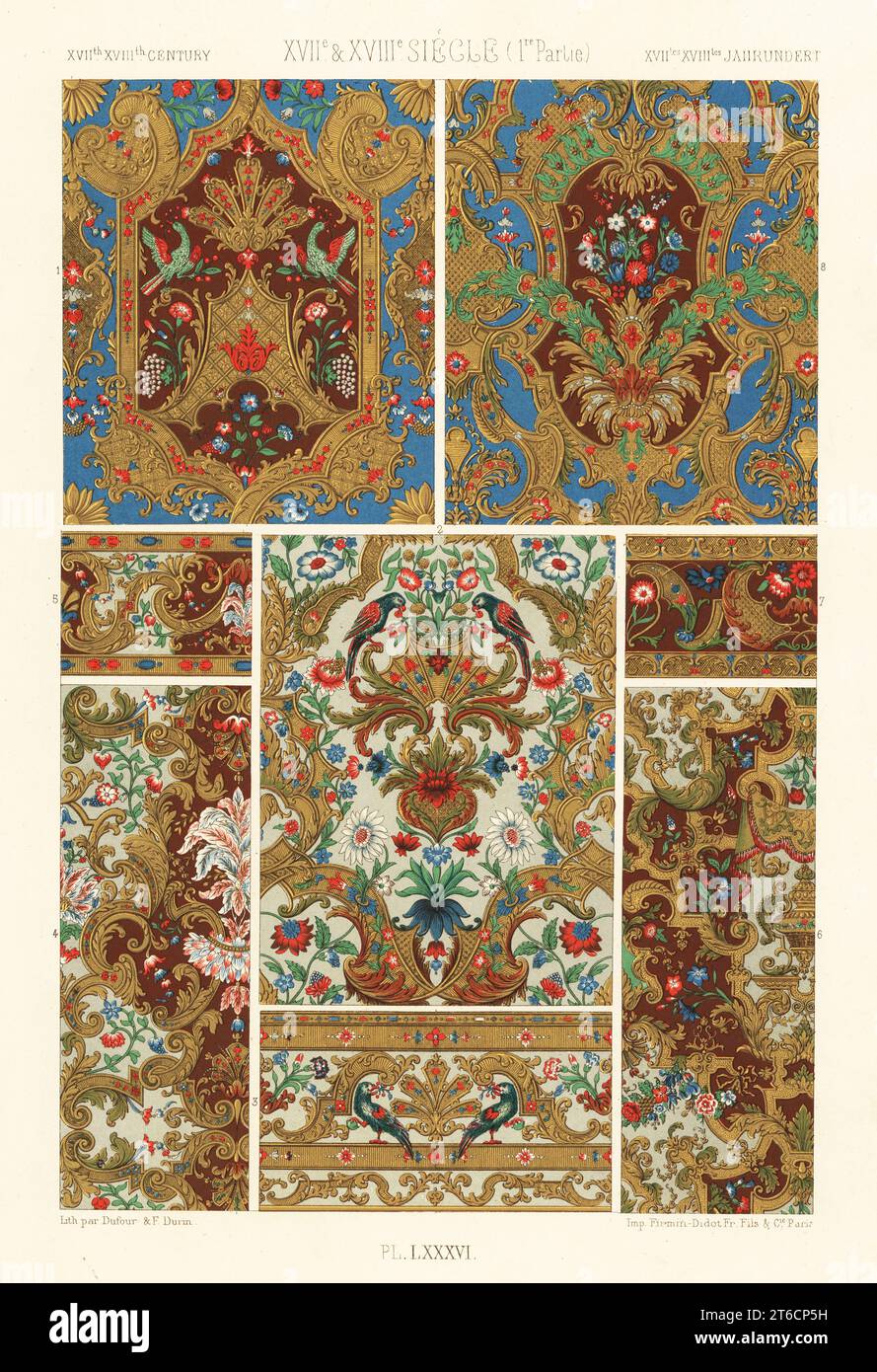 Vergoldetes Leder und Borten, 17. Und 18. Jahrhundert. Dekoriert mit Laub, Vögeln, Blumen und Arabesken. XVIIme XVIIIme Siecle. Handgefertigter Chromolithograph von Dufour & F. Durin von Albert-Charles-Auguste Racinets LOrnement polychrome, (polychromatisches Ornament), Firmin-Didot, Paris, 1869-73. Stockfoto