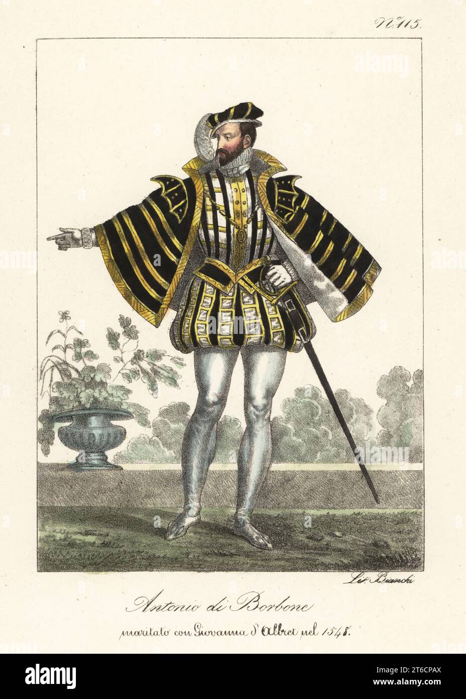 Anthony, König von Navarra, 1518–1562, heiratete 1548 Königin Jeanne III., Vater von König Heinrich IV. Von Frankreich. In gefederter Mütze, kurzem cape mit Goldstickerei, geschlitztem Wimperntuch, Schlauch, Hofschwert. Antoine de Bourbon, marie a Jeanne d'Albret en 1548. Handkolorierte Lithographie von Lorenzo Bianchi nach Hippolyte Lecomte aus Costumi civili e militari della monarchia francese dal 1200 al 1820, Neapel, 1825. Italienische Ausgabe der Lecomtes Zivil- und Militärkostüme der französischen Monarchie von 1200 bis 1820. Stockfoto