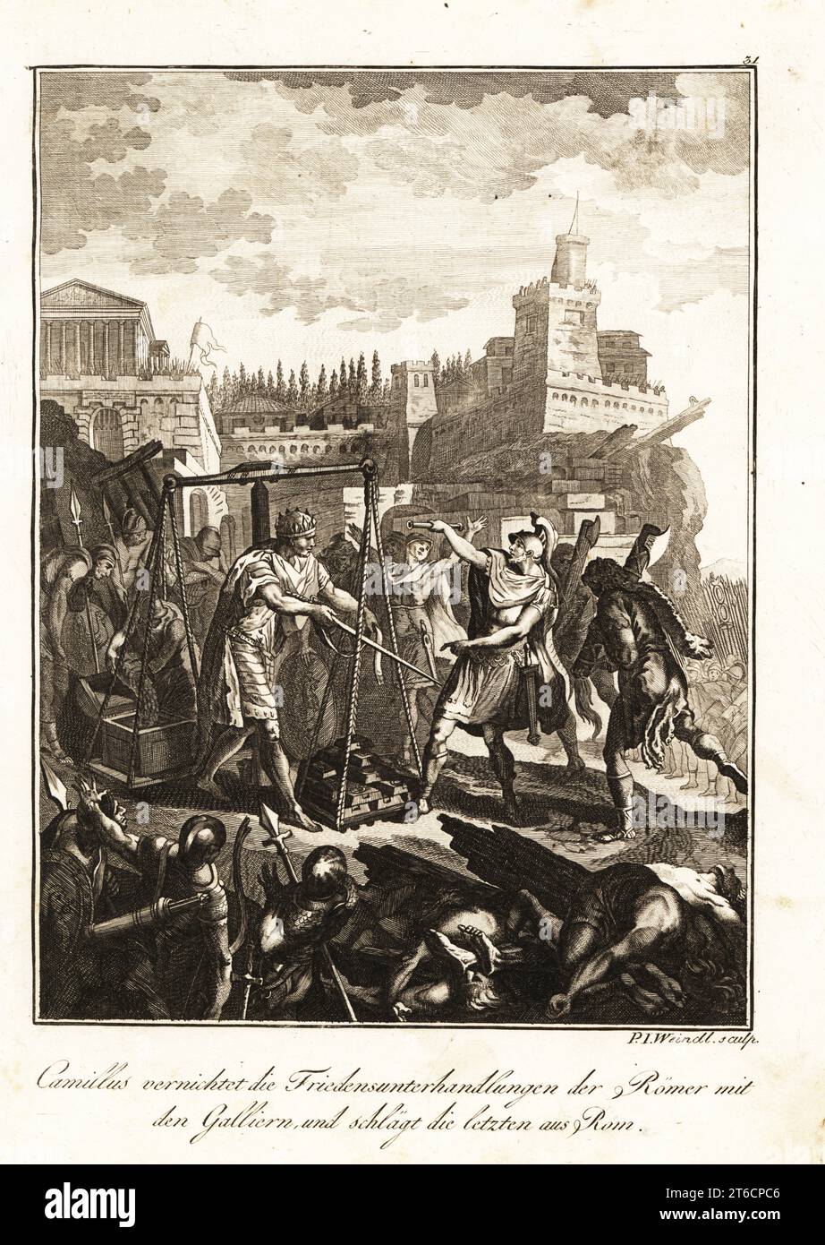 Der römische General Marcus Furius Camillus verjagte die Gallier aus Rom, um 390 v. Chr., und brach den vertrag mit dem gallischen Führer Brennus. Traite des Romains, rompu par Camille qui chasse les Gaulois de Rome. Kupferstich von Paul Joh. Weindl nach einem Entwurf von Hubert-Francois Gravelot von Professor Joseph Rudolf Zappes Gemalde aus der romischen Geschichte, Pictures of Roman History, Joseph Schalbacher, Wien, 1800. Deutsche Ausgabe von Abbe Claude Francois Xavier Millots Abrege de lHistoire Romaine. Stockfoto