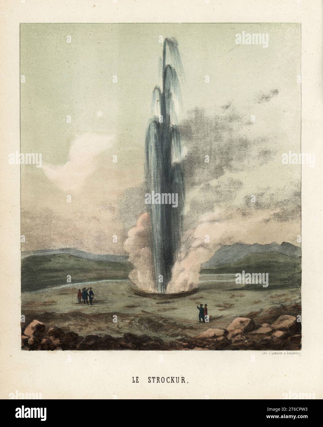 Touristen beobachten den großen Geysir Strokkur, Haukadalur-Tal, Island, 19. Jahrhundert. In der Nähe des Stratovulkans Hekla. Le Strockur. Handkolorierte Lithografie von Emile Lemaitre aus Munerelles Les Phenomenes et Curiosites de la Nature (Naturphänomene und Kuriositäten), Libraire Derivaux, Straßburg, 1856. Stockfoto