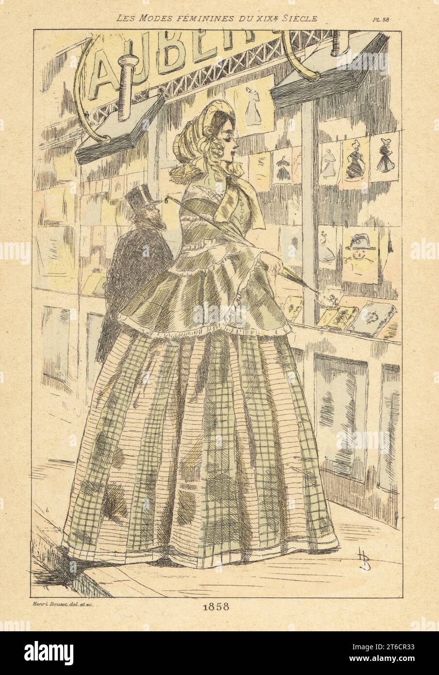 Modische Dame vor einem Grafiker, Paris. 1858. Sie trägt eine mit Bändern gebundene Haube, eine Jacke mit Spitzenbesatz und Karomußröcke. Marchand d'estampes ou librairie. Handkolorierte Trockenpunkt- oder pointe-Seche-Radierung von Henri Boutet aus Les Modes feminines du XIXeme Siecle (feminine Mode des 19.. Jahrhunderts), Ernest Flammarion, Paris, 1902. Boutet (1851-1919) war ein französischer Künstler, Kupferstecher, Lithograph und Designer. Stockfoto