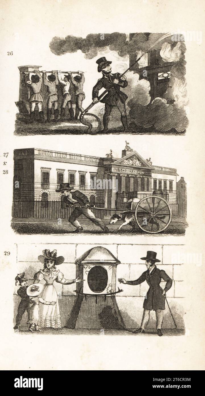 Das Feuerwehrauto, das Waren auf einem Lastwagen zieht, East India House und London Stone. Die Londoner Feuerwehr pumpt Wasser bei einem Brand 26, ein Mann, der Fracht auf einem Hundewagen 27 vor dem East India House 28 schleppt, und der London Stone in der Cannon Street, der von den Römern 29 errichtet wurde. Holzschnitt nach einer Illustration von Isaac Taylor aus City Scenes oder A Peep into London von Ann Taylor und Jane Taylor, herausgegeben von Harvey and Darton, Gracechurch Street, London, 1828. Die englischen Schwestern Ann und Jane Taylor waren im frühen 19. Jahrhundert fruchtbare romantische Dichter und Autoren von Kinderbüchern. Stockfoto