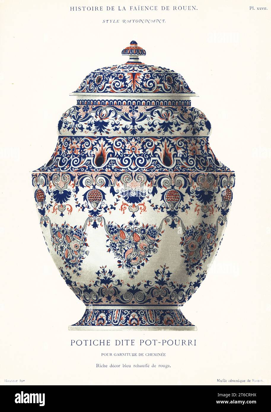 Vase bekannt als Potpourri für den Kaminsims, blau und rot festoon Stil