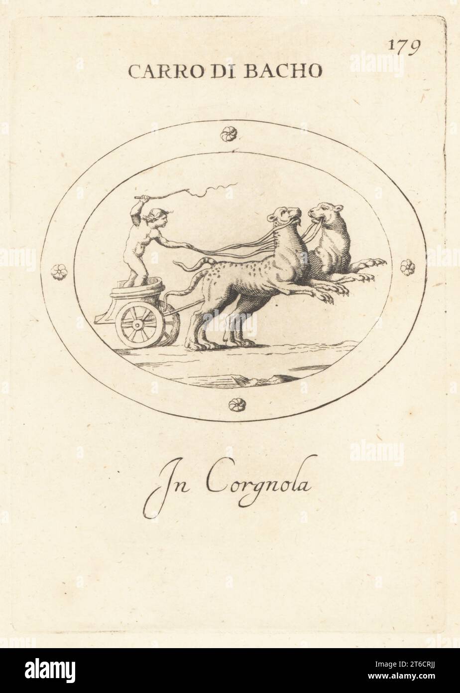 Amor, römischer gott der Liebe, der einen Wagen von Bacchus, gott des Weines, fährt. Der Biga-Wagen wird von zwei Leoparden gezogen. In Karneol. Carro di Bacho. In Corgnola. Kupferstich von Giovanni Battista Galestruzzi nach Leonardo Agostini aus Gemmae et Sculpturae Antiquae Depicti ab Leonardo Augustino Senesi, Abraham Blooteling, Amsterdam, 1685. Stockfoto