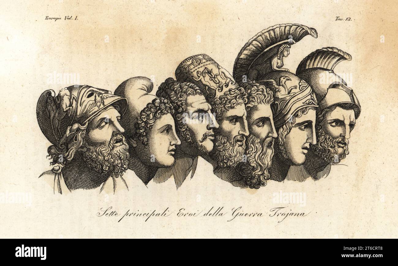 Büsten von sieben Haupthelden des Trojanischen Krieges. Von links nach rechts: Menelaus, Paris, Diomedes, Ulysses, Nestor, Achilles und Agamemnon. Sette cipali Eroi della Guerra Trojana. Handkolorierter Kupferstich nach einer Illustration von Johann Heinrich Wilhelm Tischbein aus Giulio Ferrarios Kostüme Alte und Moderne der Völker der Welt, Il Kostüm Antico e Moderno, Florenz, 1842. Stockfoto