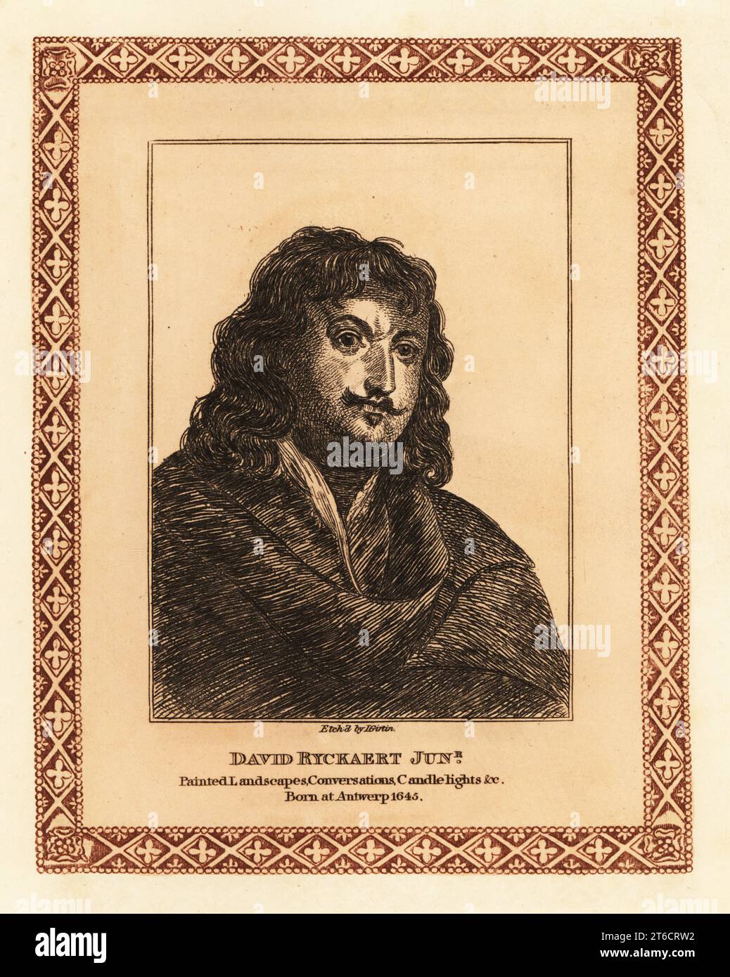 David Ryckaert III., 1612–1661, flämischer Maler, der für seinen Beitrag zur Genremalerei bekannt ist. Enkel von David Rijckaert I. und Neffe von Marten Ryckaert. David Ryckaert Jr., malerische Landschaften, Gespräche, Kerzenlichter usw. Getönte Ätzung innerhalb einer dekorativen Grenze von John Girtin aus John Girtins fünfundsiebzig Porträts berühmter Maler aus Authentic Originals, J. MCreery, London, 1817. Stockfoto David Ryckaert III., 1612–1661, flämischer Maler, der für seinen Beitrag zur Genremalerei bekannt ist. Enkel von David Rijckaert I. und Neffe von Marten Ryckaert. David Ryckaert Jr., malerische Landschaften, Gespräche, Kerzenlichter usw. Getönte Ätzung innerhalb einer dekorativen Grenze von John Girtin aus John Girtins fünfundsiebzig Porträts berühmter Maler aus Authentic Originals, J. MCreery, London, 1817. Stockfoto
