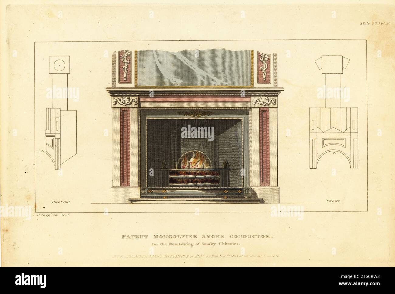 Patent Mongolfier Rauchleiter Kamin für die Beseitigung von rauchigen Schimpansen. Nach dem Mongolfier-Prinzip wurde dieser Rauchleiter von Joseph Gregson von der Charles Street, Grosvenor Square, hergestellt. Handkolorierter Kupferstich aus dem Upholsterer's and Cabinet-Maker's Repository, bestehend aus sechsundsiebzig Entwürfen moderner und modischer Möbel, Rudolph Ackermann, London, 1830. Stockfoto